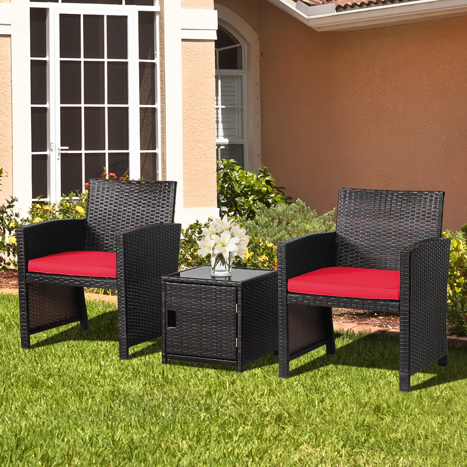 3-Piece Red Patio Wicker Furniture Set featuring comfortable black wicker chairs with red cushions and a stylish storage coffee table, perfect for outdoor relaxation.