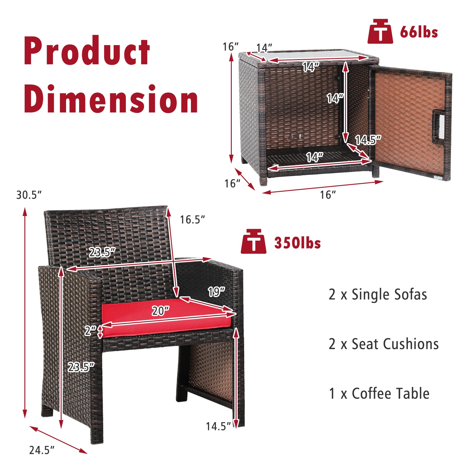 Product dimension details of the 3-Piece Red Patio Wicker Furniture Set showing measurements for coffee table and single sofas. Perfect for outdoor settings.