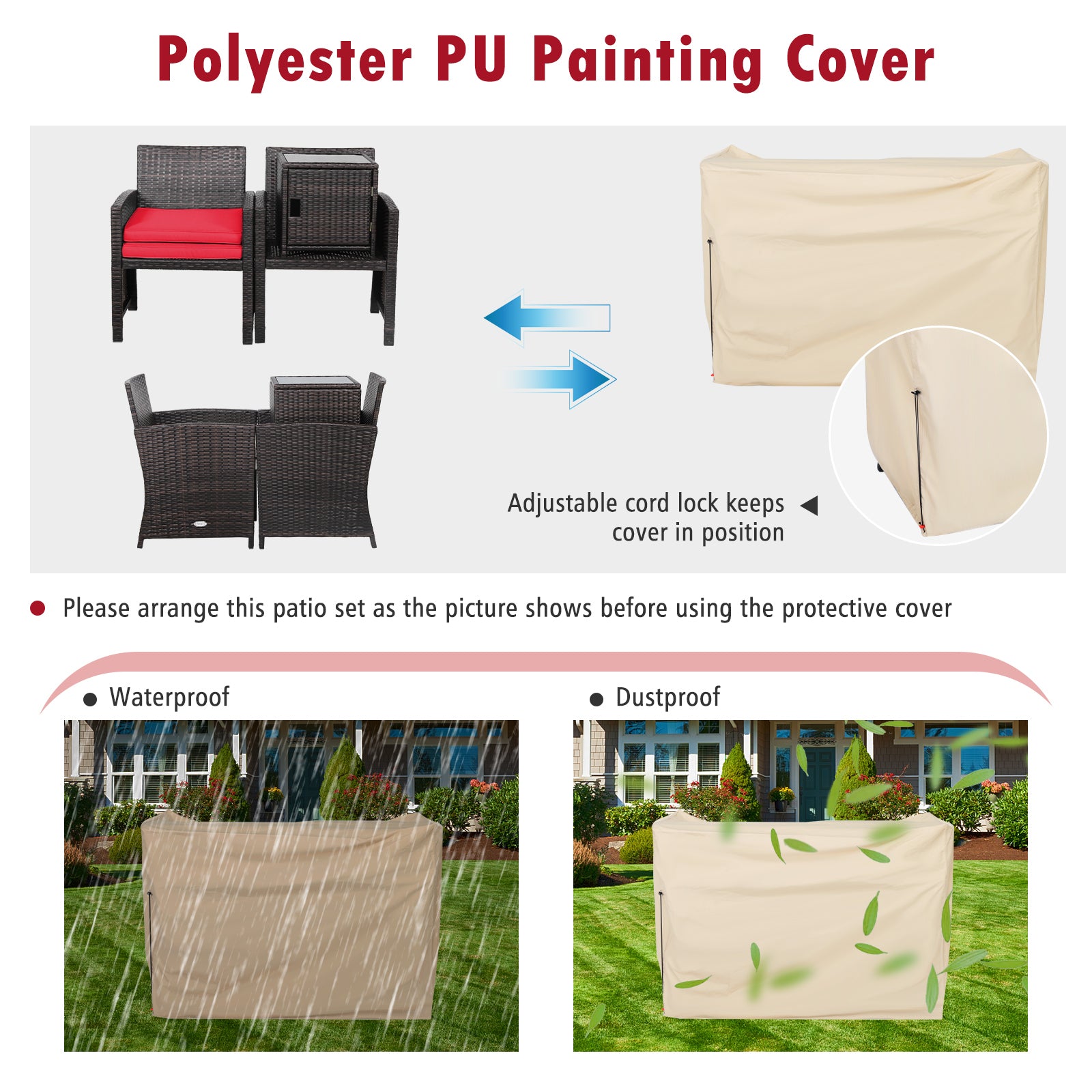 Waterproof protective cover for the 3-Piece Red Patio Wicker Furniture Set featuring adjustable cord locks to keep the cover securely in place.