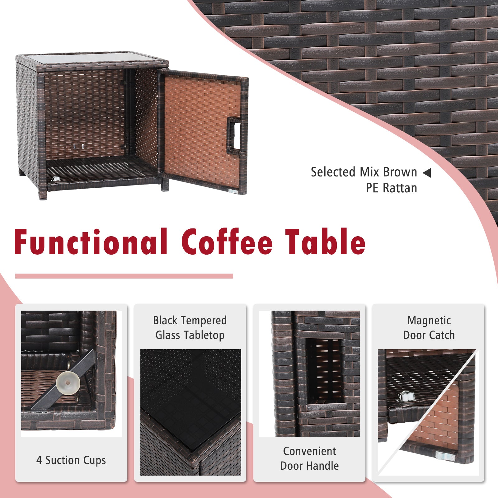 Functional coffee table of the 3-Piece Red Patio Wicker Furniture Set with a black tempered glass tabletop and convenient storage compartment.