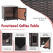 Functional coffee table of the 3-Piece Red Patio Wicker Furniture Set with a black tempered glass tabletop and convenient storage compartment.