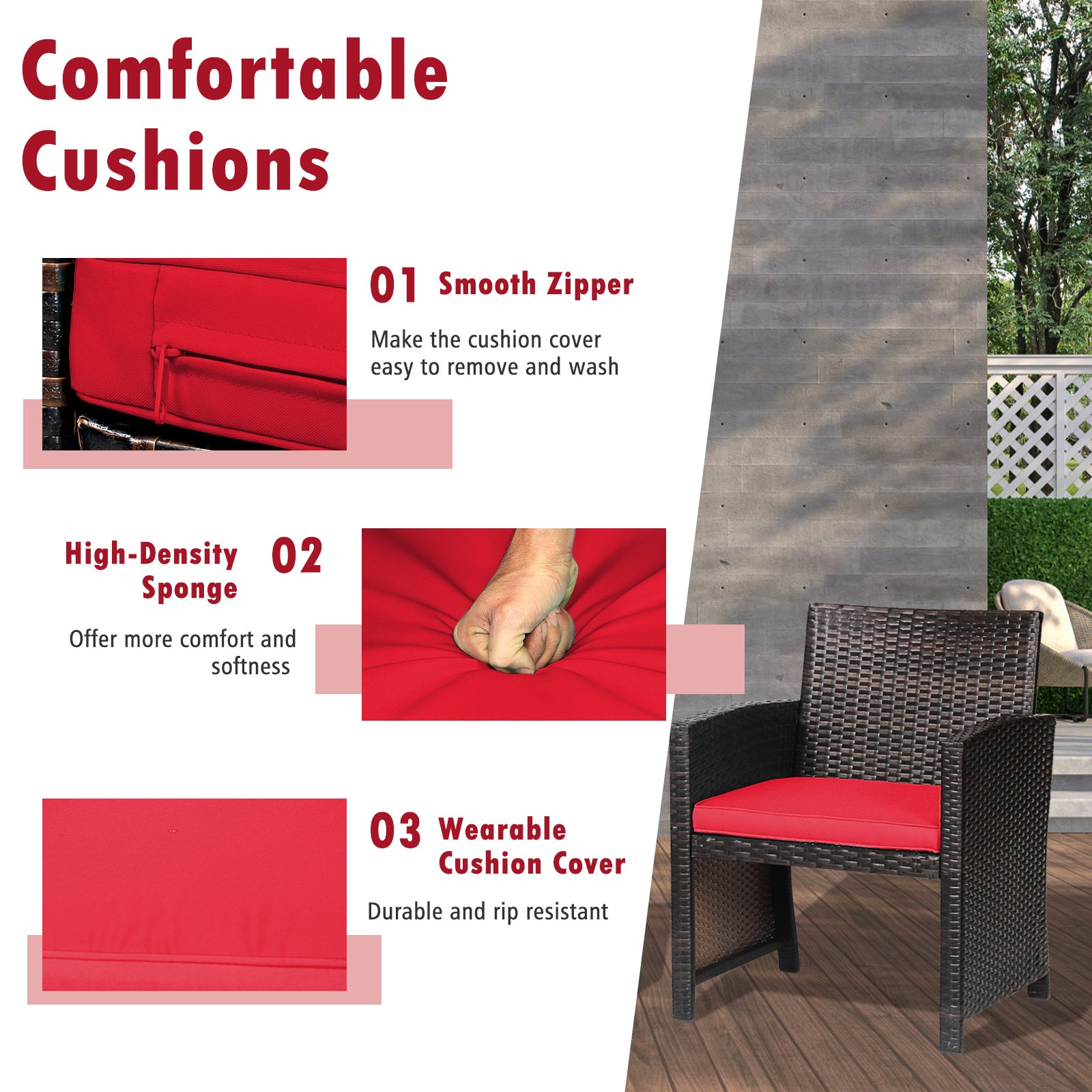 Comfortable cushions of the 3-Piece Red Patio Wicker Furniture Set highlighting high-density sponge and smooth zipper for easy removal and washing.