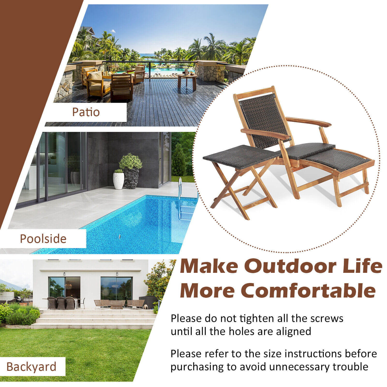 2 Pieces Patio Rattan Folding Lounge Chair with Acacia Wood Table showcased in various outdoor environments including a patio, poolside, and backyard for versatile relaxation.