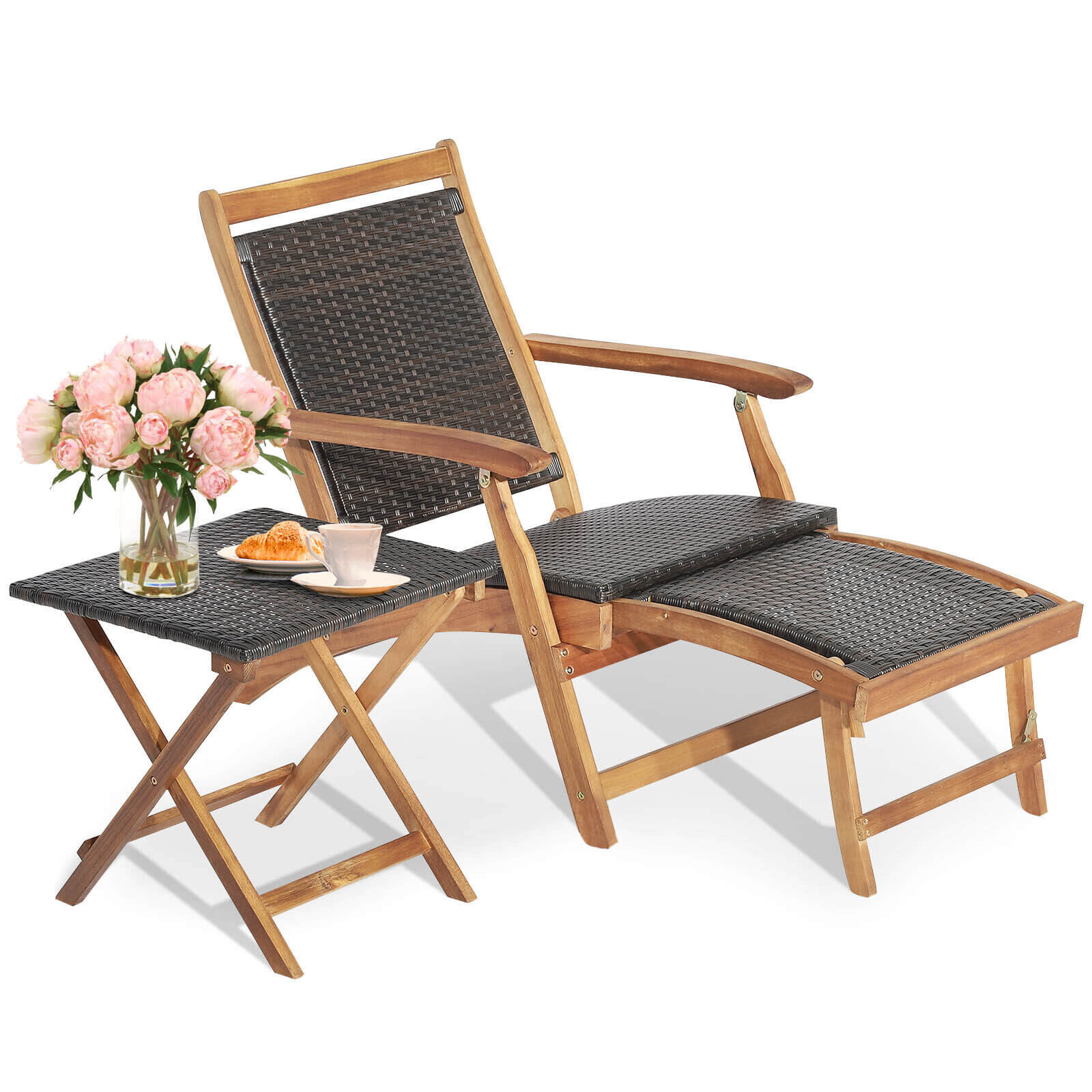 The 2 Pieces Patio Rattan Folding Lounge Chair with Acacia Wood Table set up with a drink and pastries, ideal for a stylish outdoor relaxation space.