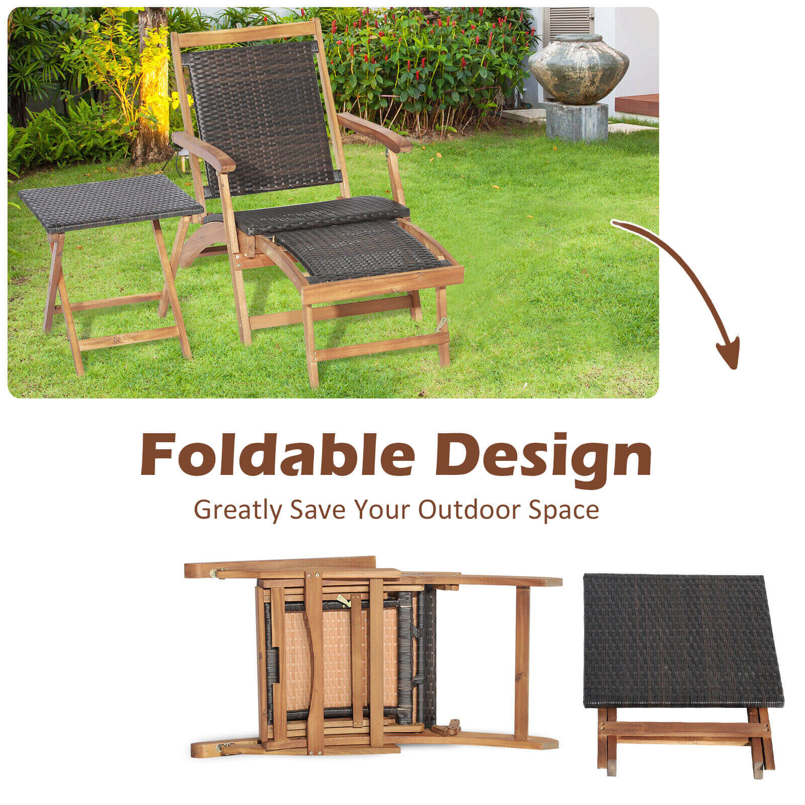 2 Pieces Patio Rattan Folding Lounge Chair with Acacia Wood Table emphasizing the space-saving foldable feature, ideal for compact outdoor areas.