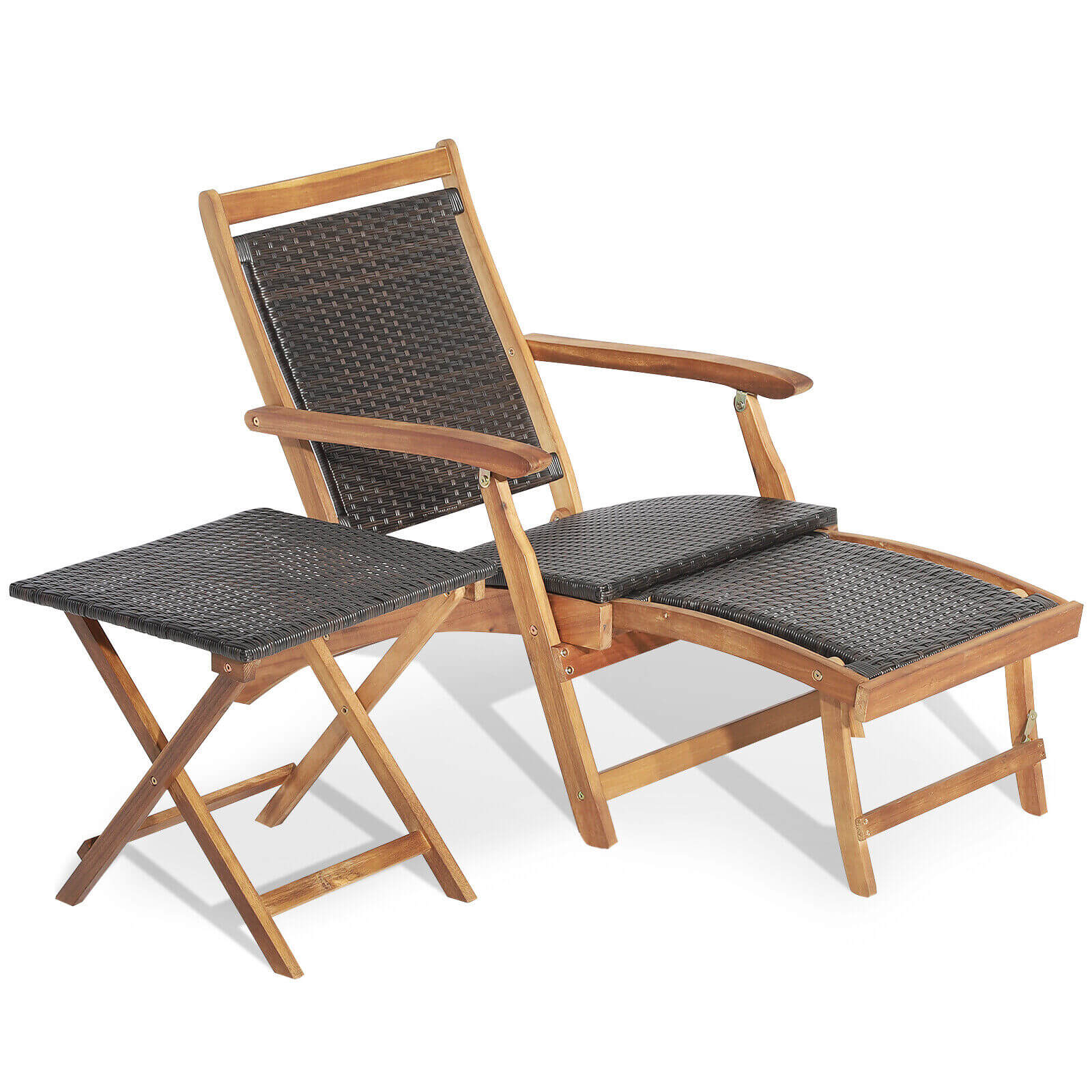 Close-up of the 2 Pieces Patio Rattan Folding Lounge Chair with Acacia Wood Table, emphasizing the comfortable design and foldable features for easy storage.