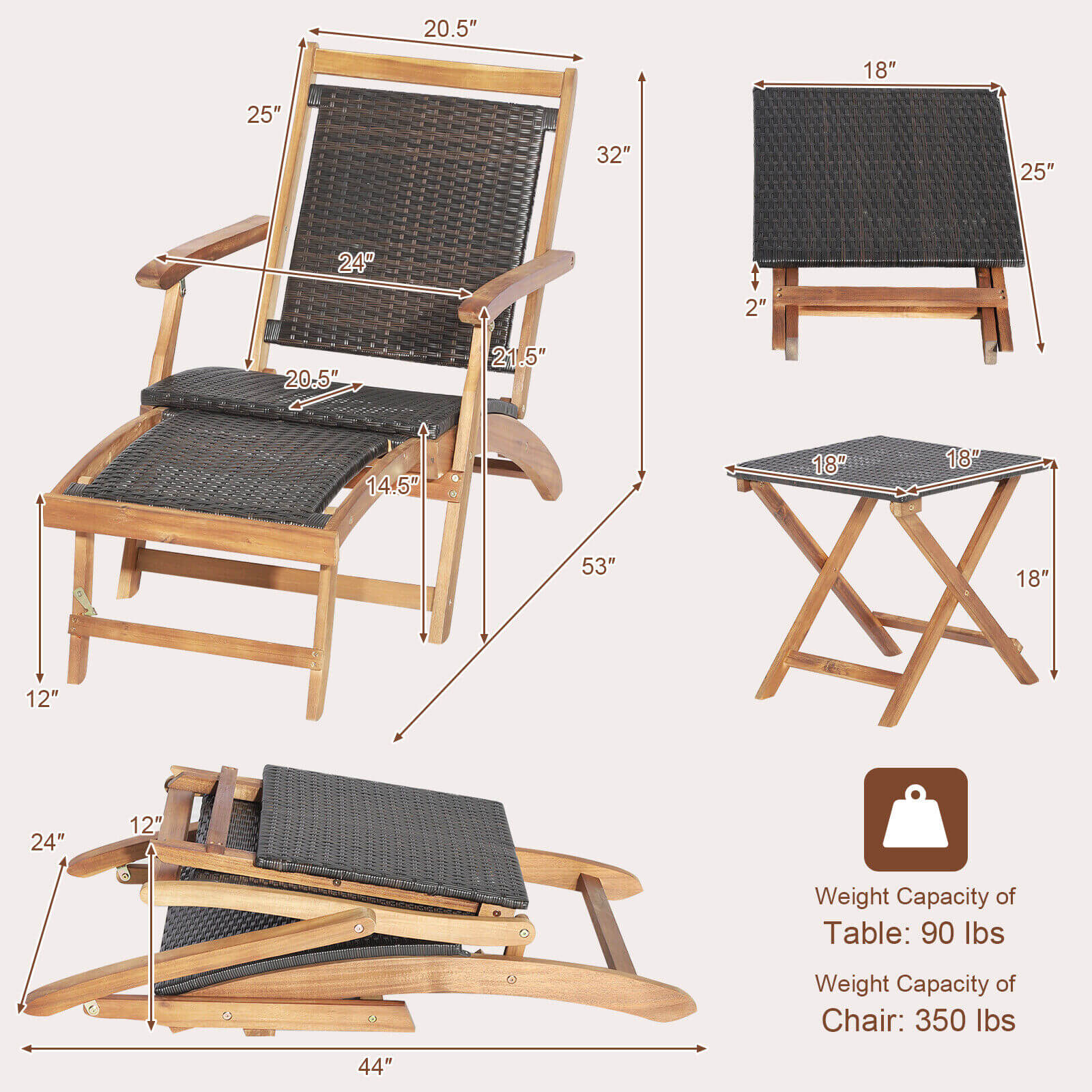 Dimensions illustration of the 2 Pieces Patio Rattan Folding Lounge Chair with Acacia Wood Table, including measurements and weight capacity details for practical buying information.