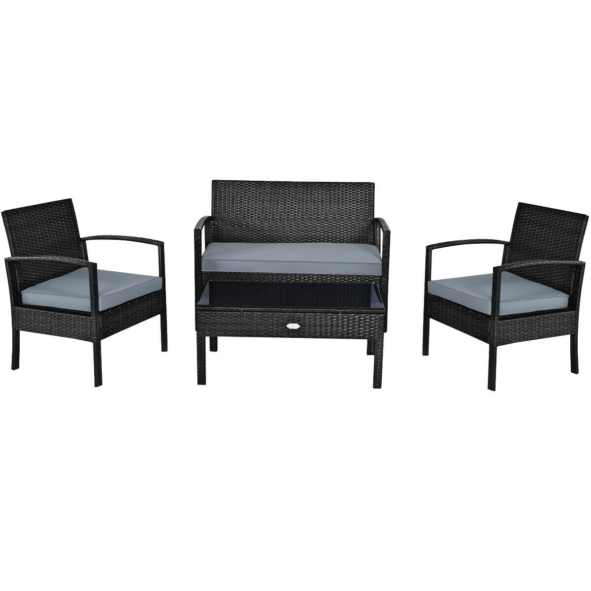 4-Piece Black Patio Rattan Furniture Set with Loveseat, Coffee Table & Cushions displayed against a white background highlighting its modern design.