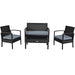 4-Piece Black Patio Rattan Furniture Set with Loveseat, Coffee Table & Cushions displayed against a white background highlighting its modern design.