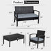 Product dimensions and details of the 4-Piece Black Patio Rattan Furniture Set with Loveseat, Coffee Table & Cushions including measurements for each piece.