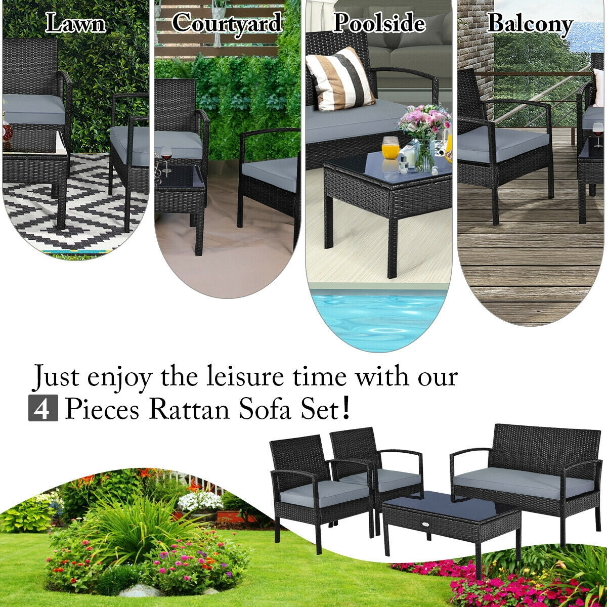 4-Piece Black Patio Rattan Furniture Set with Loveseat, Coffee Table & Cushions showcased in different outdoor settings, perfect for leisure time.