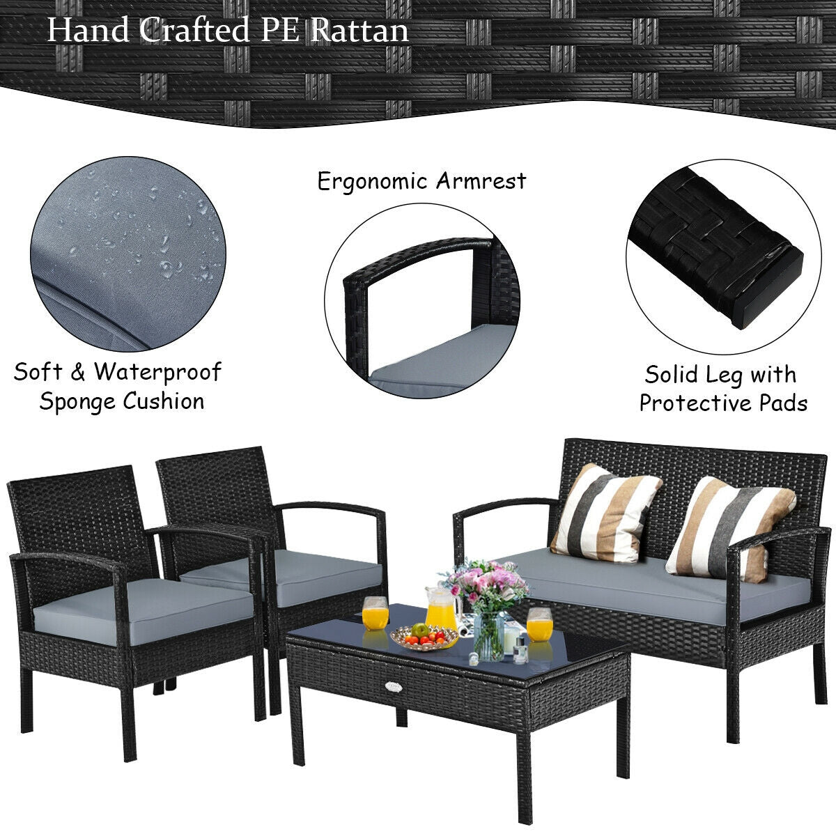 4-Piece Black Patio Rattan Furniture Set with Loveseat, Coffee Table & Cushions featuring handcrafted PE rattan construction, soft waterproof cushions, and ergonomic armrests.