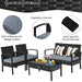 4-Piece Black Patio Rattan Furniture Set with Loveseat, Coffee Table & Cushions featuring handcrafted PE rattan construction, soft waterproof cushions, and ergonomic armrests.