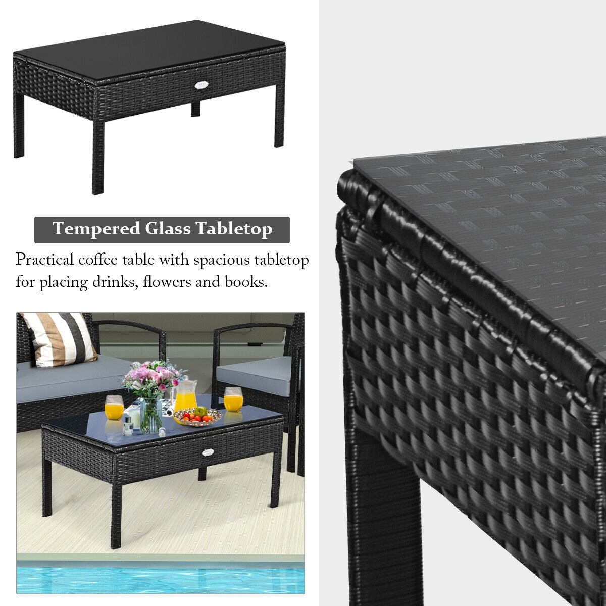 Stylish coffee table from the 4-Piece Black Patio Rattan Furniture Set, showcasing a practical tempered glass tabletop perfect for drinks and décor.