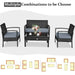 Versatile seating arrangements for the 4-Piece Black Patio Rattan Furniture Set, illustrating multiple combinations of the loveseat and chairs for outdoor spaces.