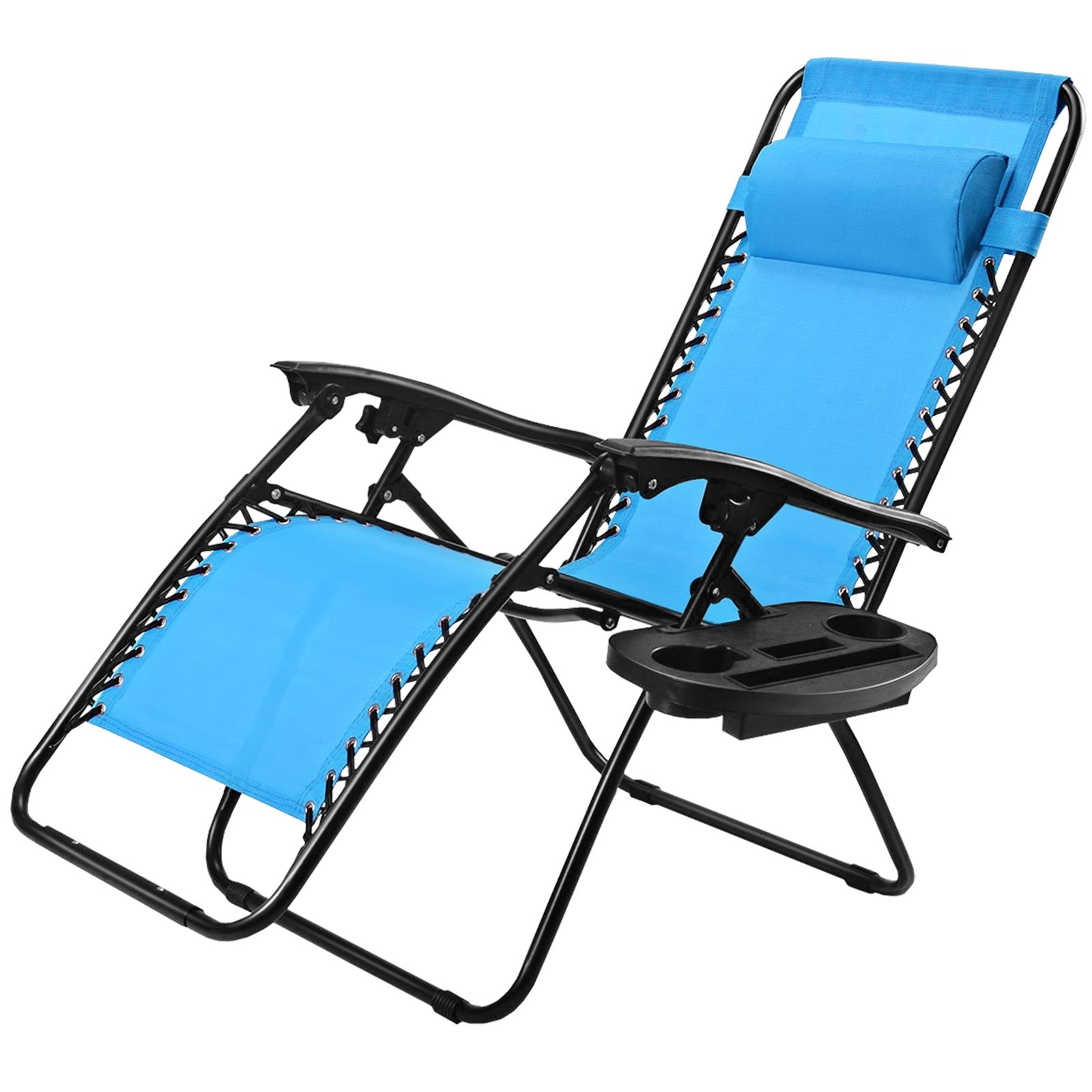 Light Blue Zero Gravity Folding Lounge Chair with Headrest & Cup Holder, highlighting the adjustable features and comfort for leisure activities.