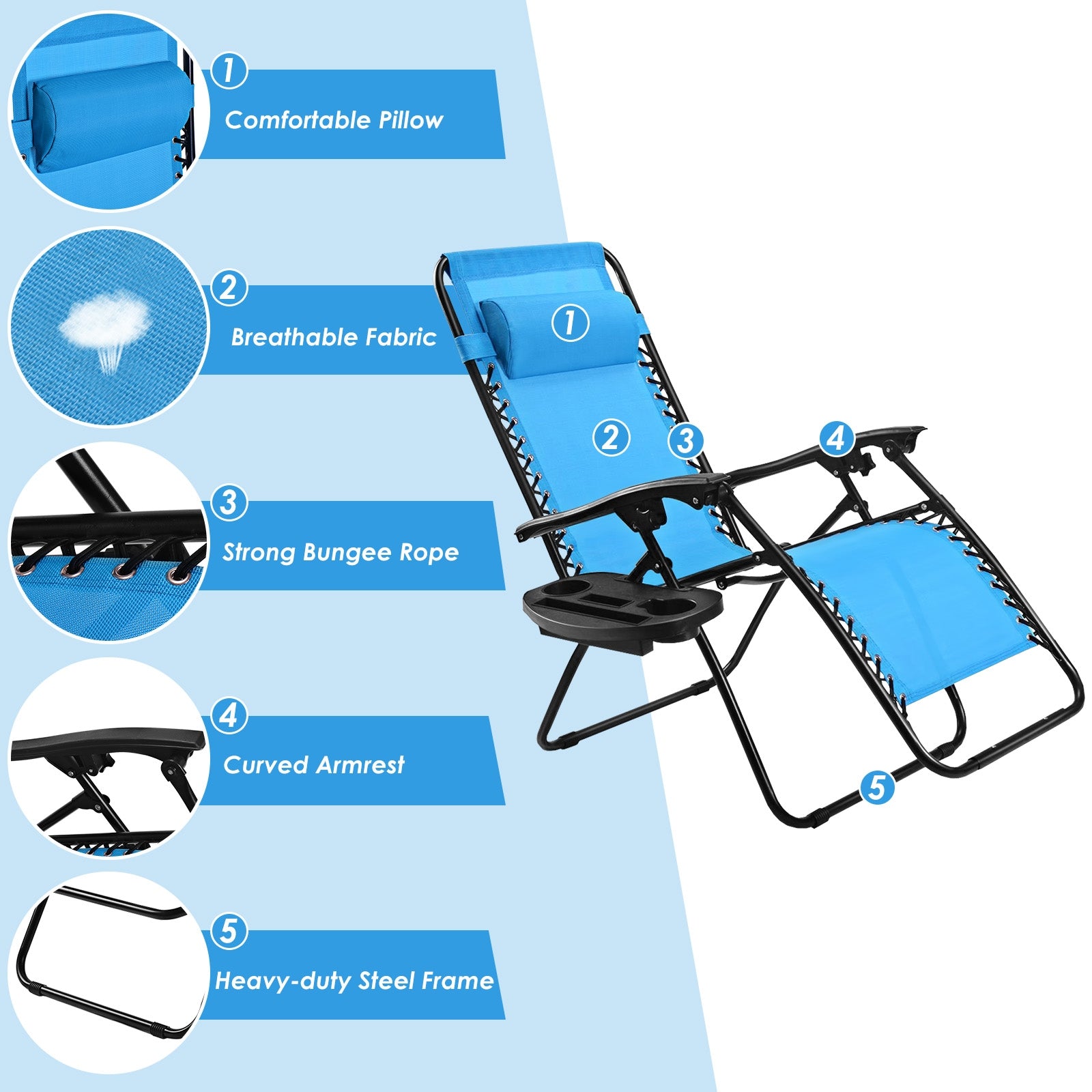 Light Blue Zero Gravity Folding Lounge Chair with Headrest & Cup Holder features such as a comfortable pillow and breathable fabric.