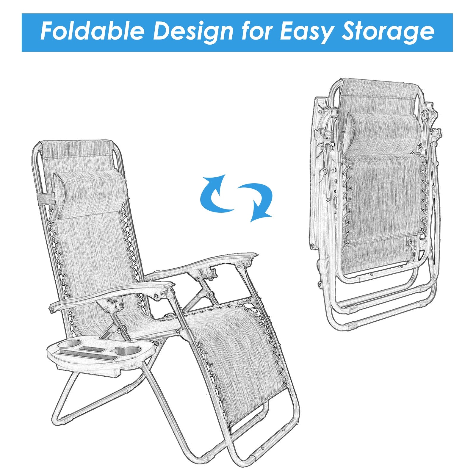 Light Blue Zero Gravity Folding Lounge Chair with Headrest & Cup Holder showcasing its foldable design for easy storage.