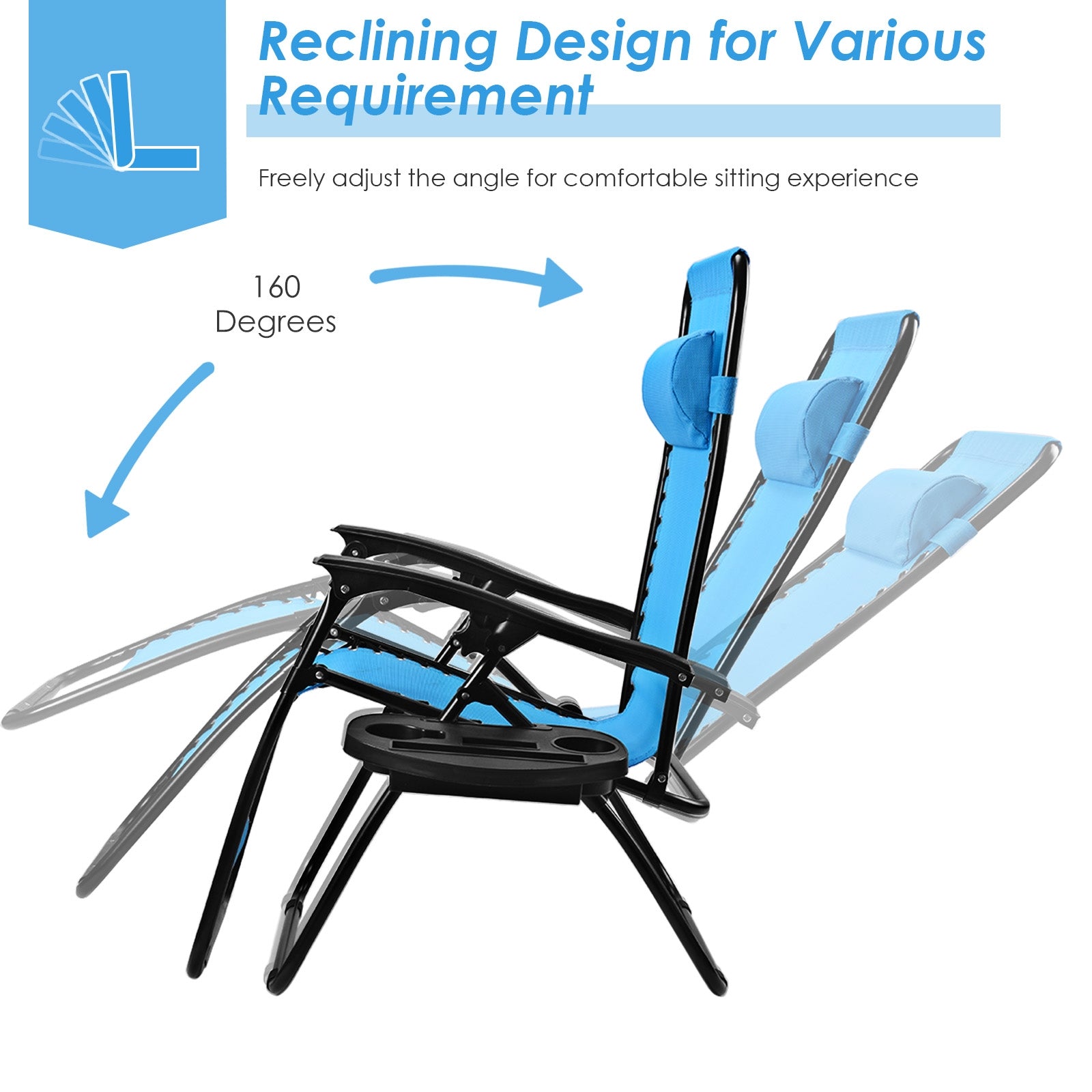 Light Blue Zero Gravity Folding Lounge Chair with Headrest & Cup Holder demonstrating its reclining design, offering adjustable angles for comfort.