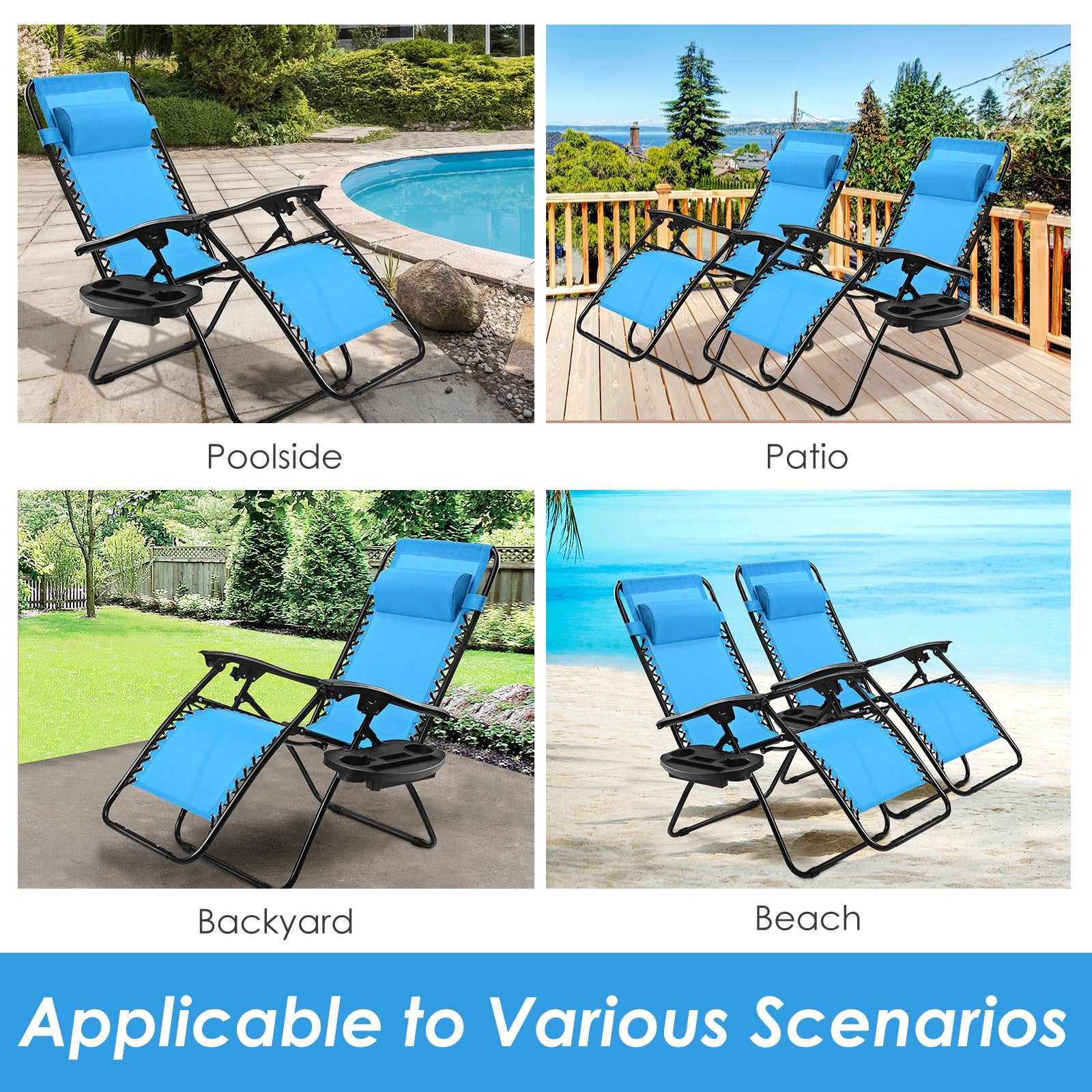 Light Blue Zero Gravity Folding Lounge Chair with Headrest & Cup Holder, showcased in multiple outdoor settings including poolside, patio, backyard, and beach.