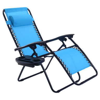 Light Blue Zero Gravity Folding Lounge Chair with Headrest & Cup Holder, featuring a durable design, perfect for lounging indoors or outdoors.