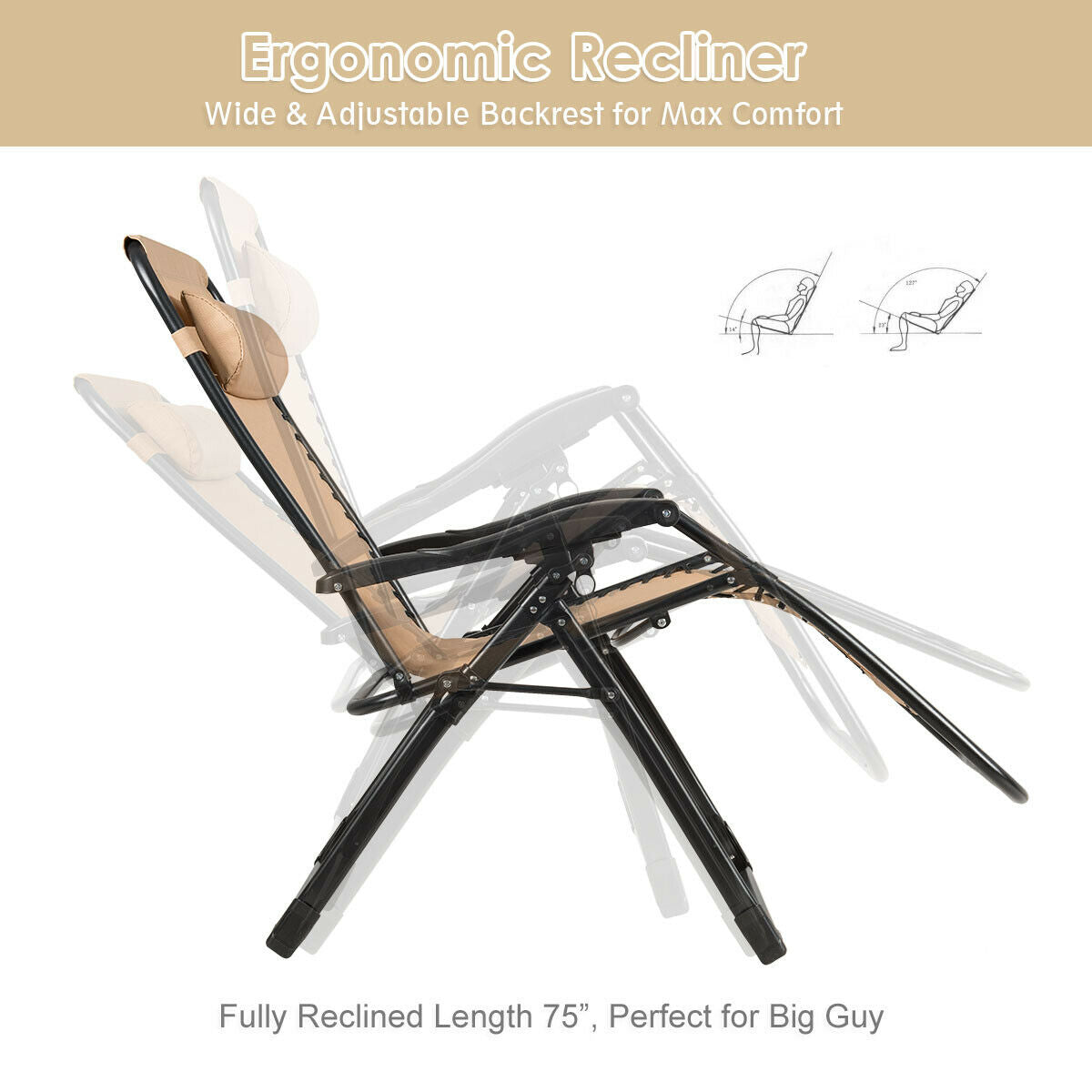 Dream Yard Oasis™ Oversized Heavy-Duty Lounge Chair with Cup Holder featuring an ergonomic recliner with adjustable backrest, highlighting a fully reclined length of 75 inches perfect for big guys.