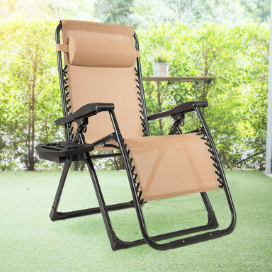Oversized Heavy-Duty Lounge Chair with Cup Holder by Dream Yard Oasis, showing the beige waterproof and foldable lounge chair set against a lush green background.
