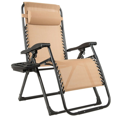 Side view of the Oversized Heavy-Duty Lounge Chair with Cup Holder from Dream Yard Oasis, highlighting the ergonomic design and beige fabric perfect for outdoor relaxation.