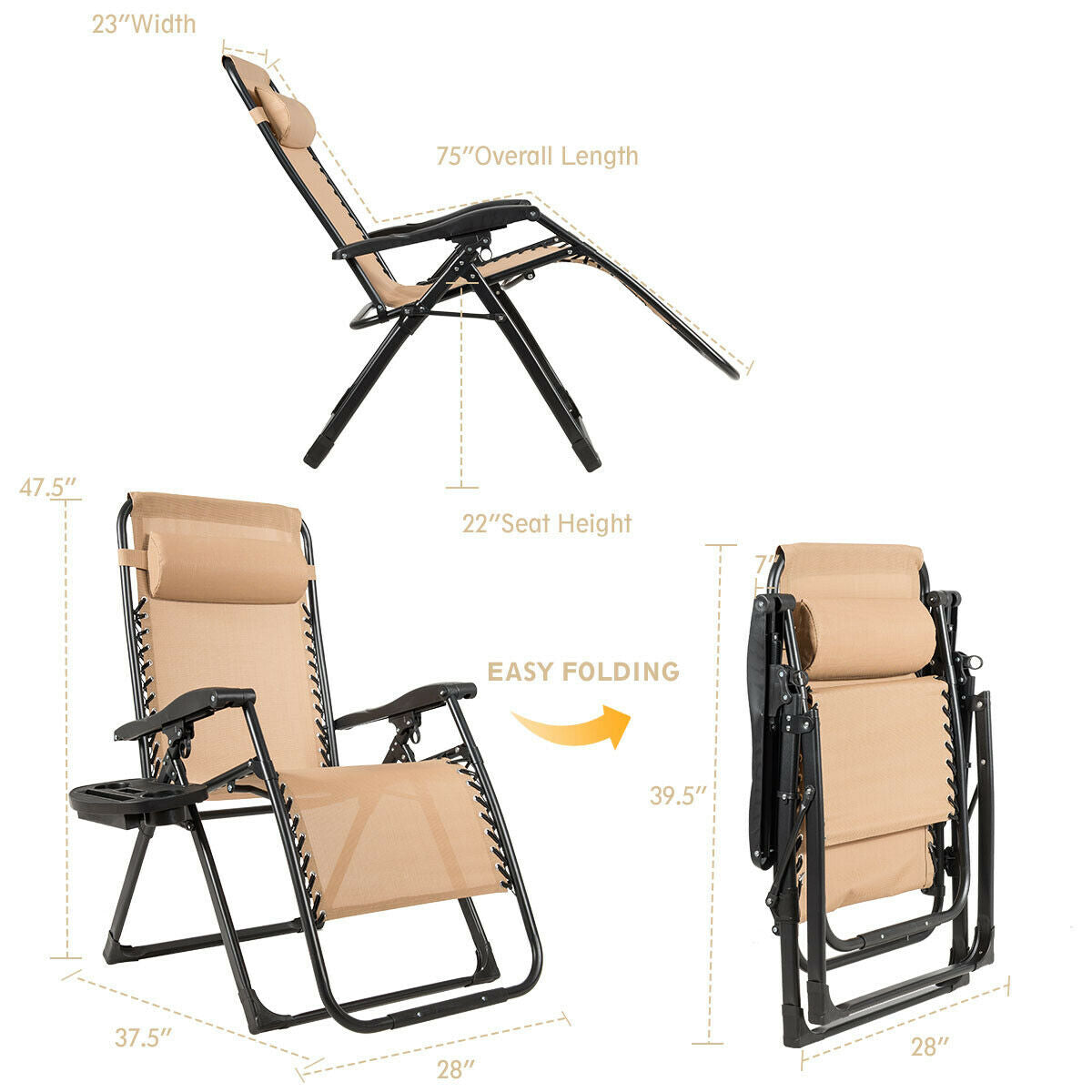 Detailed illustration of the Oversized Heavy-Duty Lounge Chair with Cup Holder by Dream Yard Oasis, showcasing measurements and foldable features for easy storage.