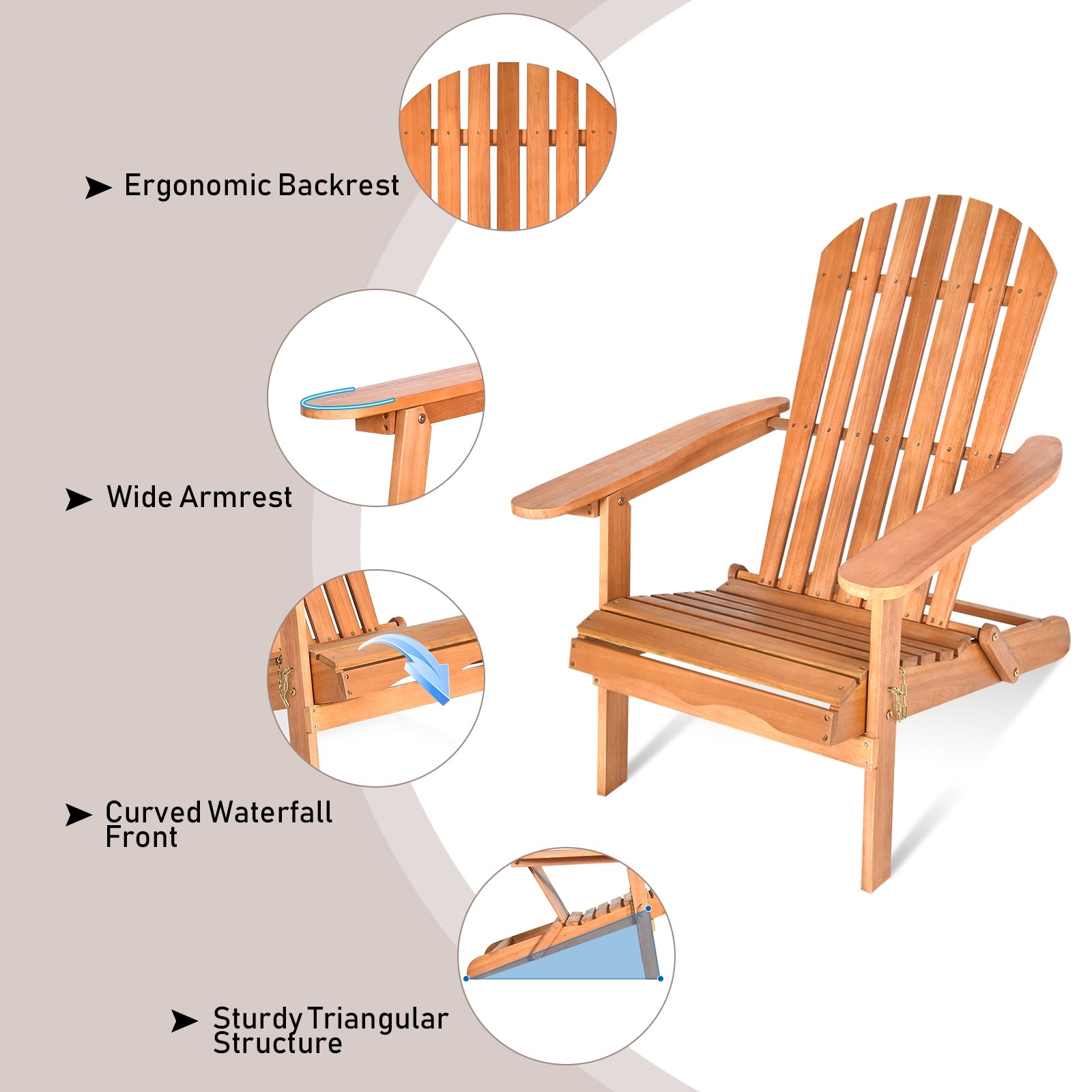 Detailed features of the Eucalyptus Foldable Outdoor Adirondack Chair, showcasing its ergonomic backrest, wide armrests, and sturdy triangular structure.