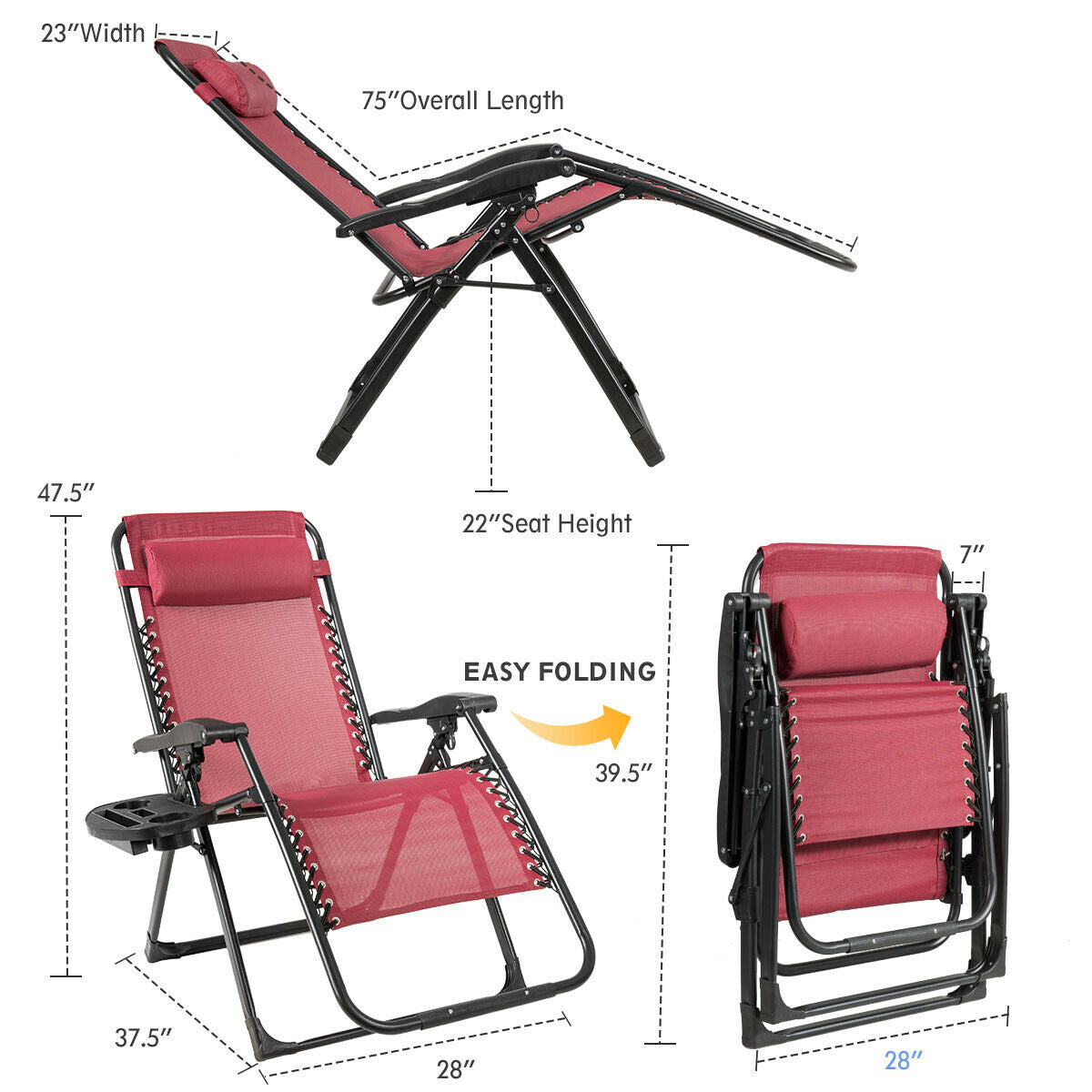 Dimensions and folding features of the Oversize Heavy Duty Folding Recliner Lounge Chair with Cup Holder from Dream Yard Oasis™, highlighting ergonomic design and easy portability.