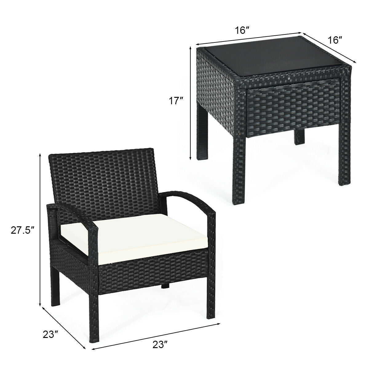 Dimensions of the 3 Piece Outdoor Rattan Sofa Set with Cushions and Glass Table for Patio and Garden, showcasing chair and table measurements.
