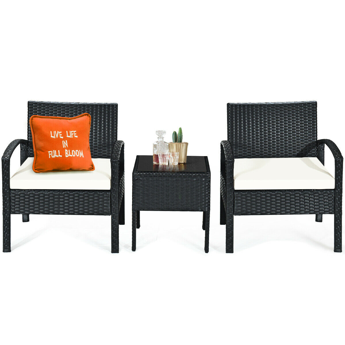 3 Piece Outdoor Rattan Sofa Set with Cushions and Glass Table for Patio and Garden, featuring two chairs with plush seats and a modern glass-topped table.