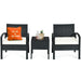 3 Piece Outdoor Rattan Sofa Set with Cushions and Glass Table for Patio and Garden, featuring two chairs with plush seats and a modern glass-topped table.