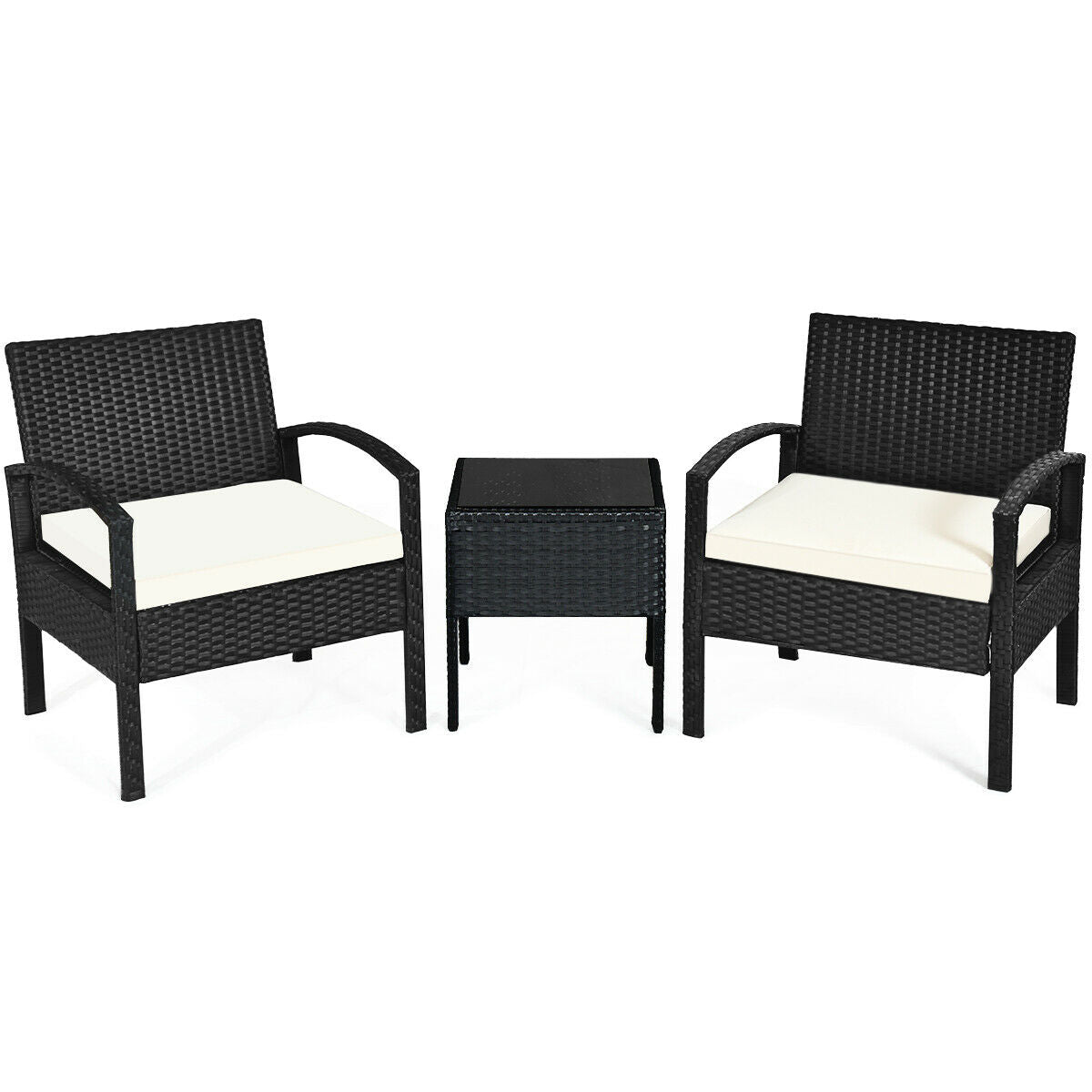 3 Piece Outdoor Rattan Sofa Set with Cushions and Glass Table for Patio and Garden showcasing two black rattan chairs and a small table, emphasizing modern outdoor decor.