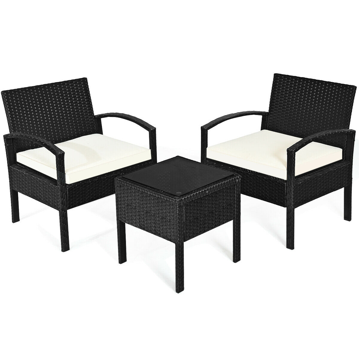 3 Piece Outdoor Rattan Sofa Set with Cushions and Glass Table for Patio and Garden, featuring two black rattan chairs with plush white cushions and a matching glass table.
