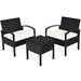 3 Piece Outdoor Rattan Sofa Set with Cushions and Glass Table for Patio and Garden, featuring two black rattan chairs with plush white cushions and a matching glass table.