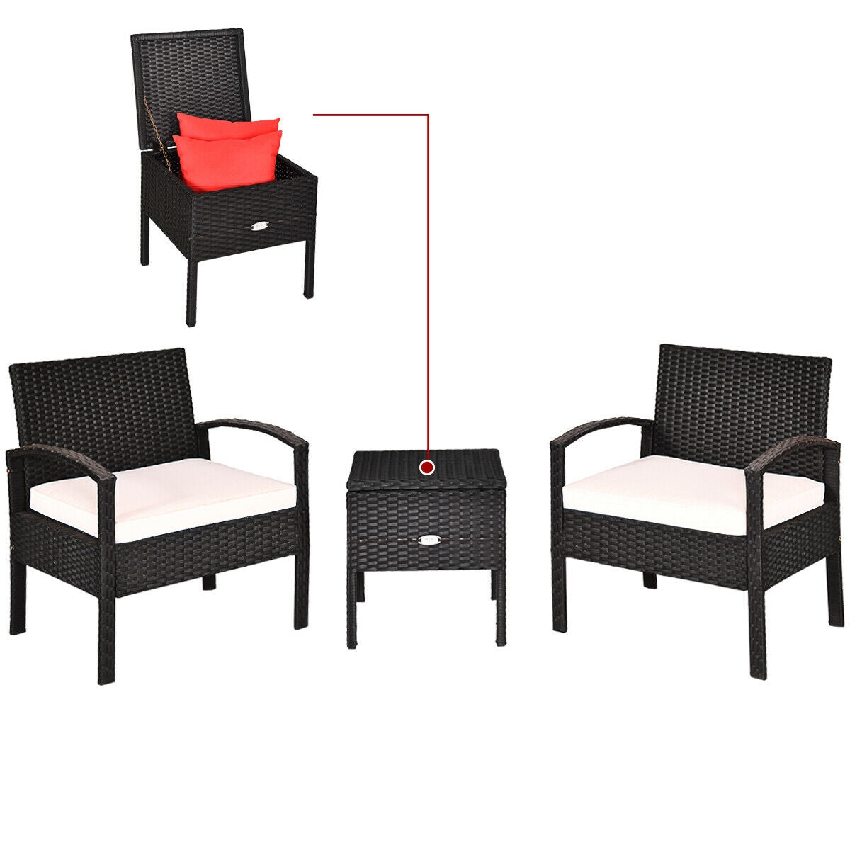 3 Piece PE Rattan Wicker Sofa Set with Washable Cushions & Coffee Table for Outdoor Patio, highlighting the practical features of a stylish sofa set, including a storage box in one armchair.