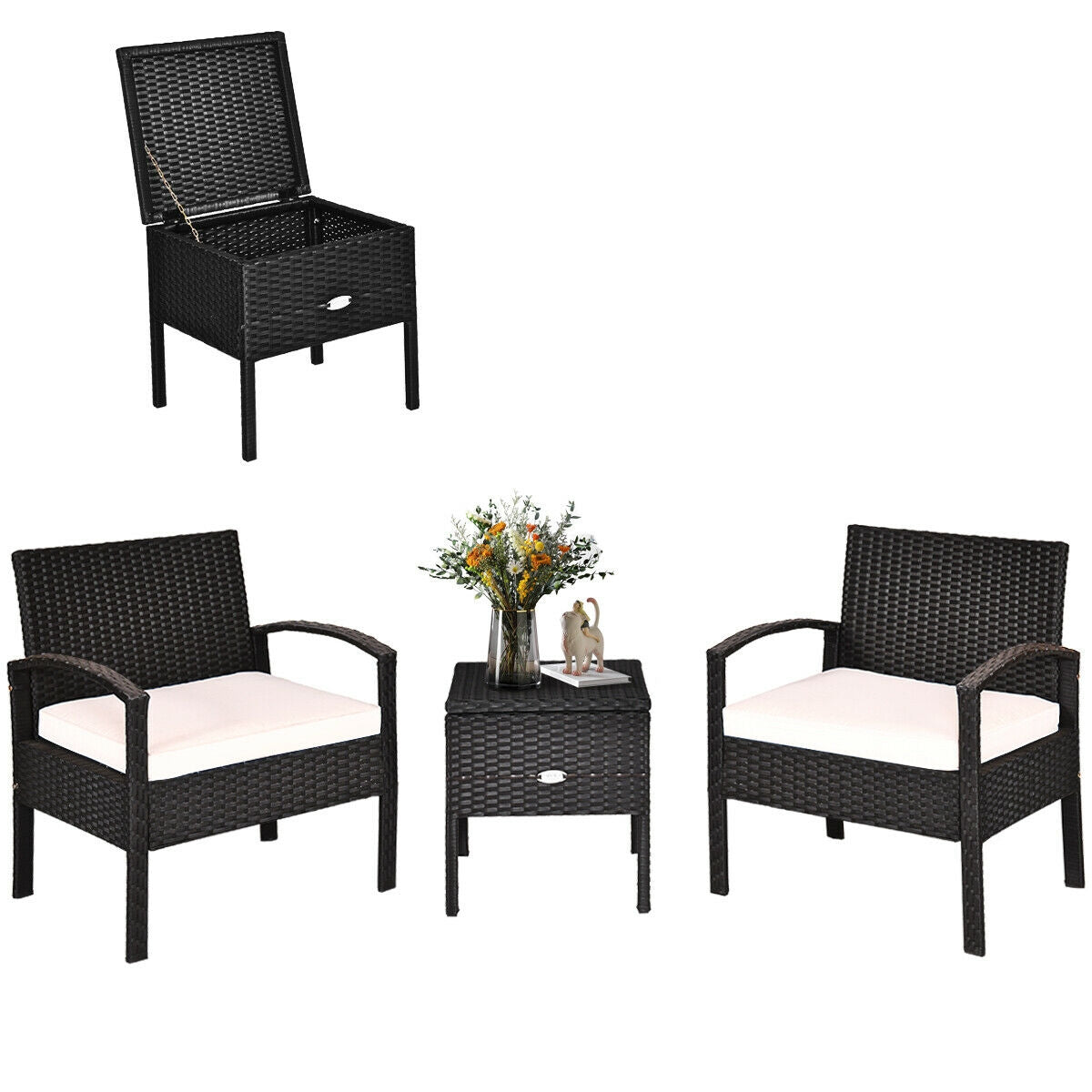 3 Piece PE Rattan Wicker Sofa Set with Washable Cushions & Coffee Table for Outdoor Patio, showcasing a versatile design with two armchairs and a storage coffee table adorned with flowers.