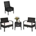 3 Piece PE Rattan Wicker Sofa Set with Washable Cushions & Coffee Table for Outdoor Patio, showcasing a versatile design with two armchairs and a storage coffee table adorned with flowers.