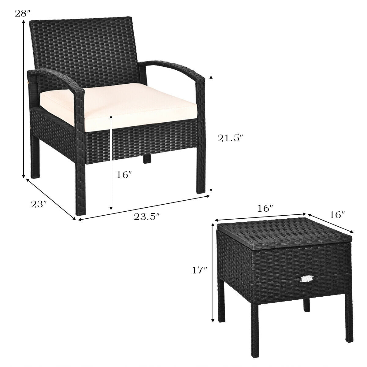 Dimensions of the 3 Piece PE Rattan Wicker Sofa Set with Washable Cushions & Coffee Table for Outdoor Patio, showcasing chair and table sizes for perfect fit in outdoor areas.