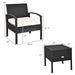 Dimensions of the 3 Piece PE Rattan Wicker Sofa Set with Washable Cushions & Coffee Table for Outdoor Patio, showcasing chair and table sizes for perfect fit in outdoor areas.