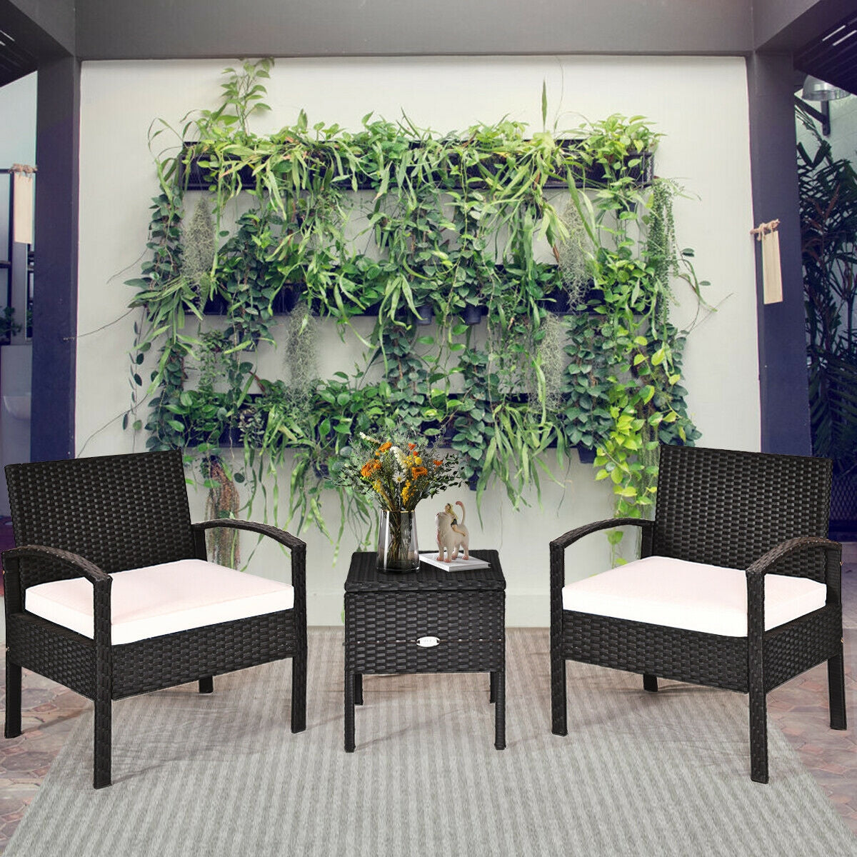 3 Piece PE Rattan Wicker Sofa Set with Washable Cushions & Coffee Table for Outdoor Patio, arranged in a lush indoor setup, demonstrating its versatility in home decor.