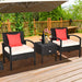 3 Piece PE Rattan Wicker Sofa Set with Washable Cushions & Coffee Table for Outdoor Patio, featuring two stylish chairs with coral accent cushions and a matching coffee table, set against a serene outdoor patio backdrop.