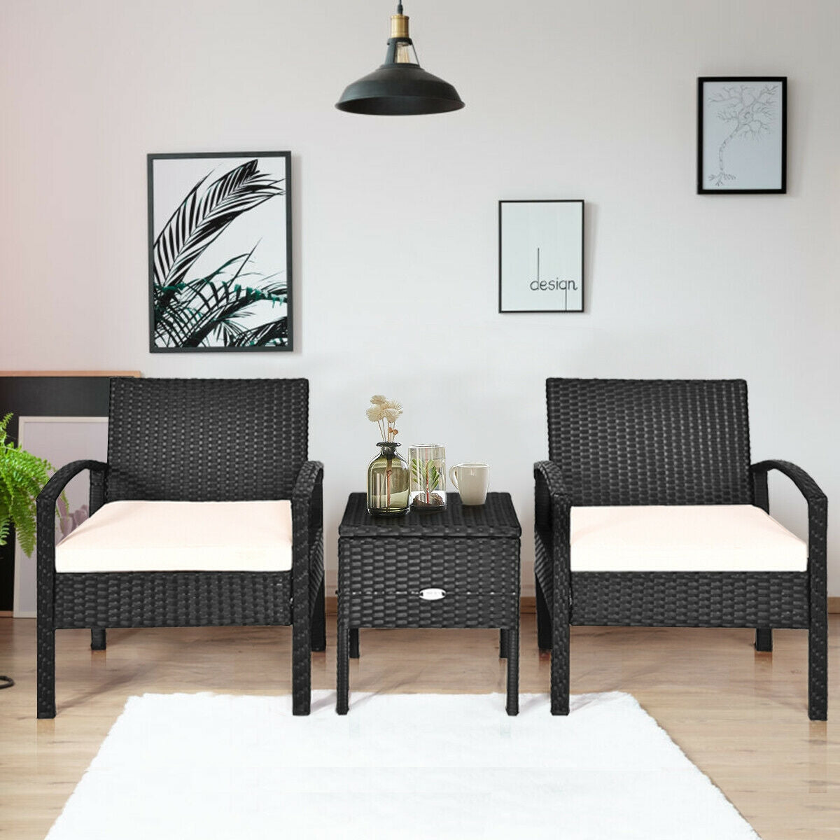 3 Piece PE Rattan Wicker Sofa Set with Washable Cushions & Coffee Table for Outdoor Patio, featuring two stylish armchairs and a chic coffee table in a modern indoor setting.