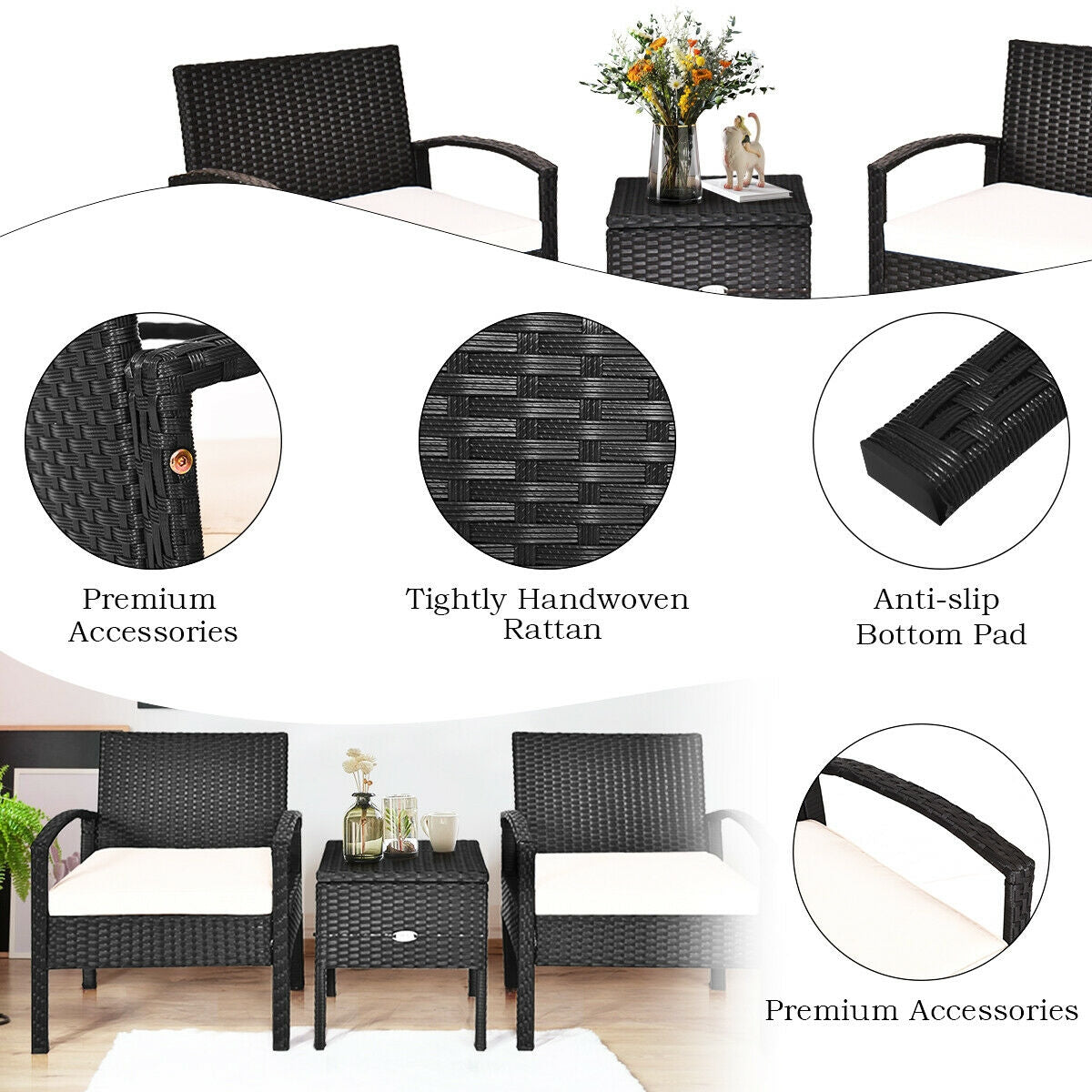 Close-up details of the 3 Piece PE Rattan Wicker Sofa Set with Washable Cushions & Coffee Table for Outdoor Patio, highlighting quality craftsmanship with tightly woven rattan.