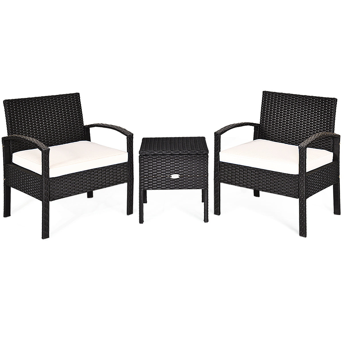 3 Piece PE Rattan Wicker Sofa Set with Washable Cushions & Coffee Table for Outdoor Patio featuring two stylish chairs and a coffee table, ideal for relaxing in outdoor spaces.