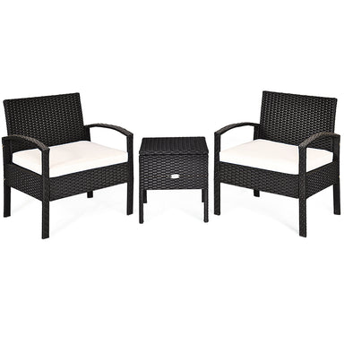 3 Piece PE Rattan Wicker Sofa Set with Washable Cushions & Coffee Table for Outdoor Patio featuring two stylish chairs and a coffee table, ideal for relaxing in outdoor spaces.