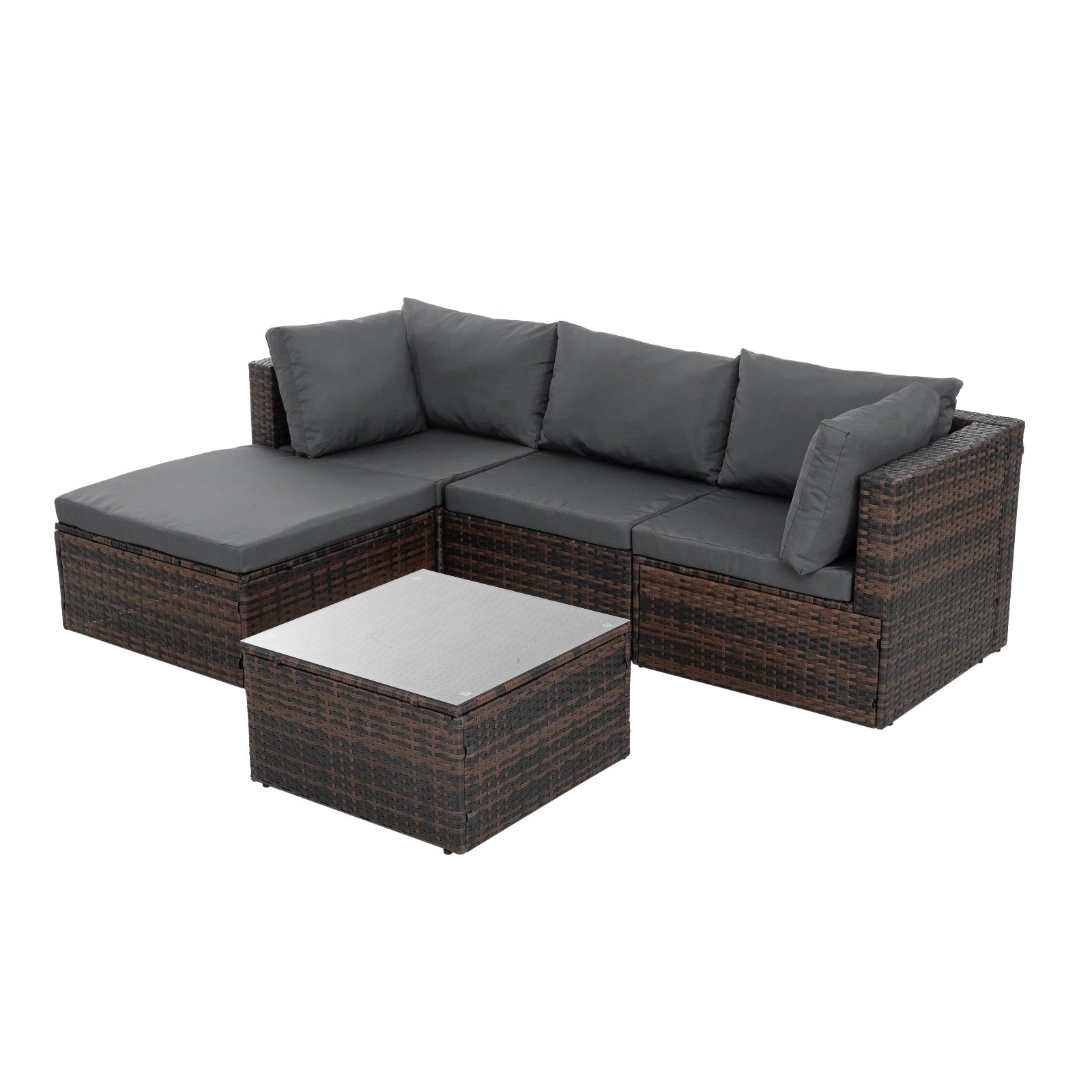 Dream Yard Oasis™ 5-Piece Brown PE Wicker Patio Furniture Set for 4, highlighting the sofa and coffee table design with comfortable cushions.