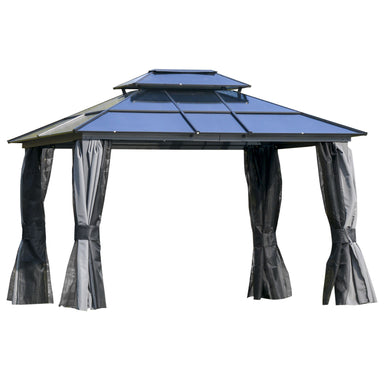 Outsunny 10'X12' Hardtop Gazebo with double roof, curtains, and mesh walls in grey and black, perfect for enhancing outdoor spaces.